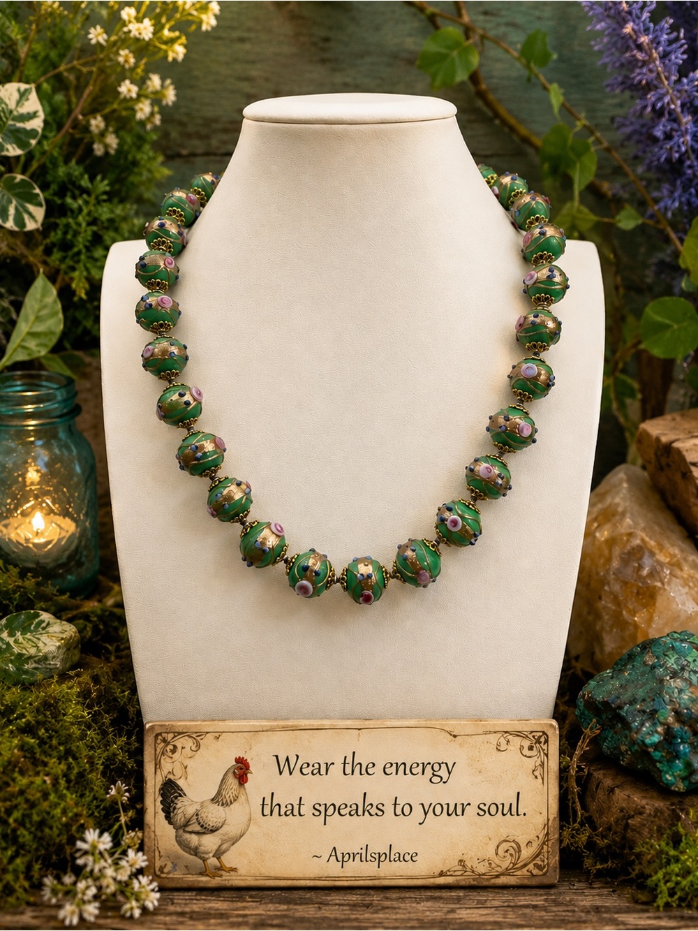 #1 FLASH Green Wedding Cake  Bead Necklace Hand Knotted APRILSPLACE